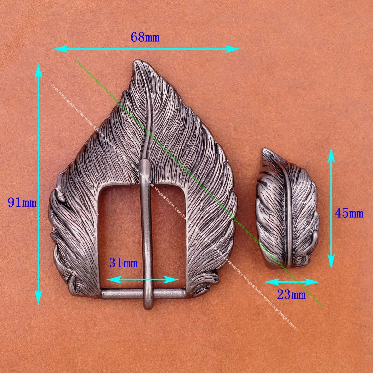 Antique Silver Western Cowboy Feather Engraved End Bar Prong Pin Leathercraft 2 PC Set Belt Buckle Replacement Fits 31mm