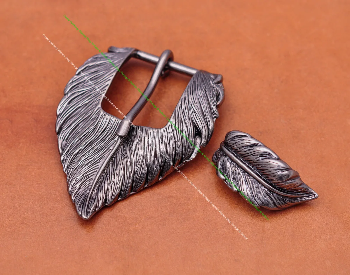 Antique Silver Western Cowboy Feather Engraved End Bar Prong Pin Leathercraft 2 PC Set Belt Buckle Replacement Fits 31mm