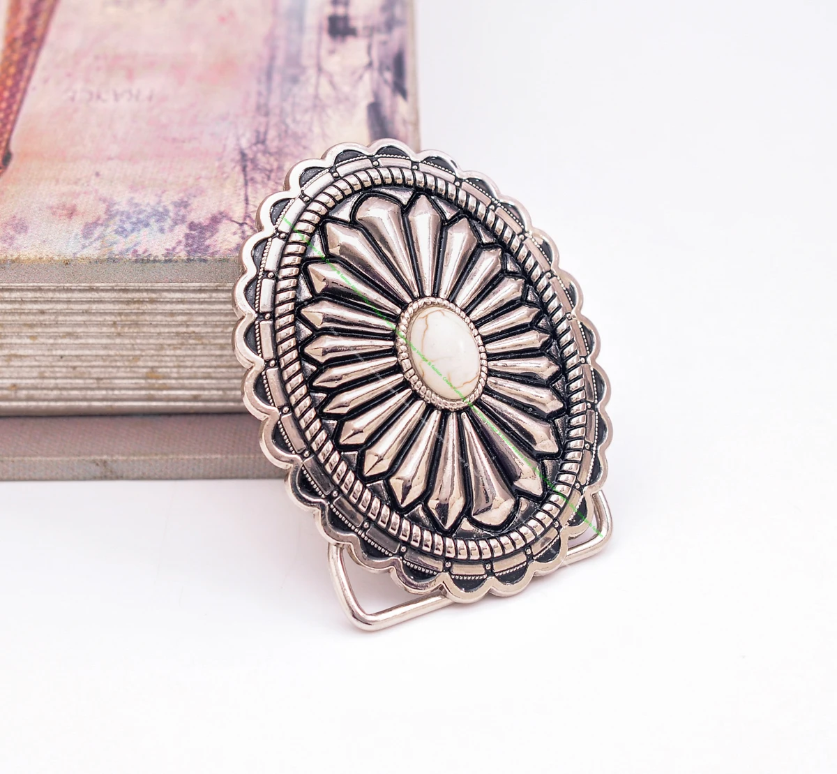 40mm Huge Vintage American Southeaset Indian Sun Burst Flower Oval Turquoise Belt Buckle