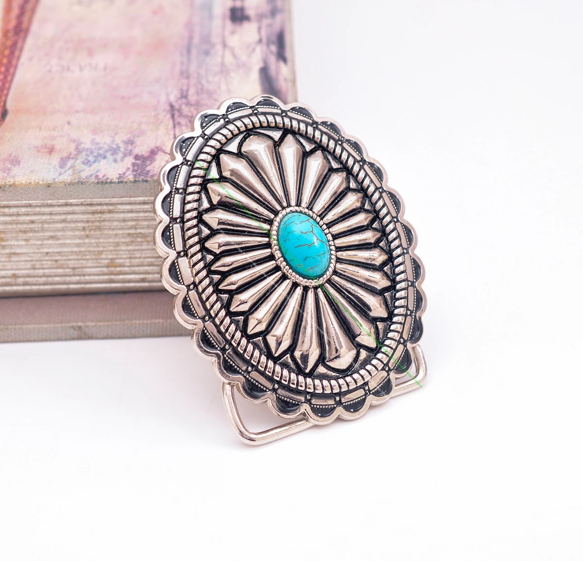 40mm Huge Vintage American Southeaset Indian Sun Burst Flower Oval Turquoise Belt Buckle