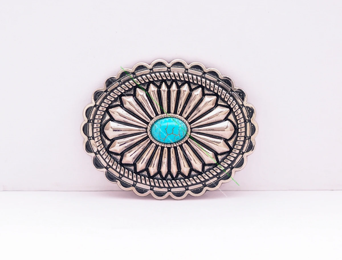 40mm Huge Vintage American Southeaset Indian Sun Burst Flower Oval Turquoise Belt Buckle
