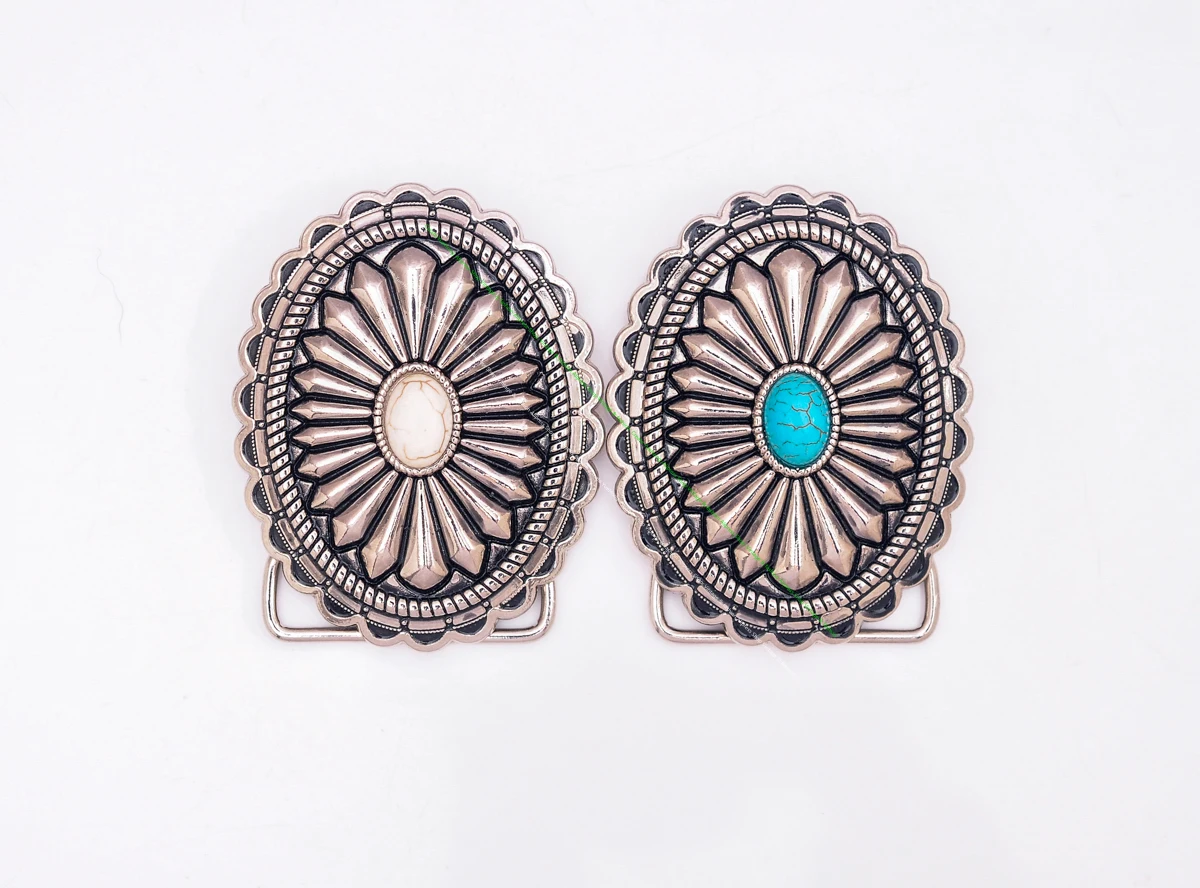 40mm Huge Vintage American Southeaset Indian Sun Burst Flower Oval Turquoise Belt Buckle