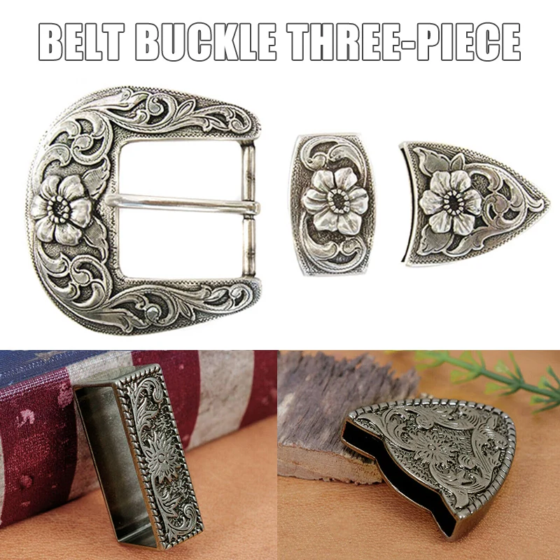 Western Retro Floral Engraved Antique Belt Buckle Set 3pcs Fits 38mm Belt Decor Metal Belt Head Belt Loop Belt Tail Accessories