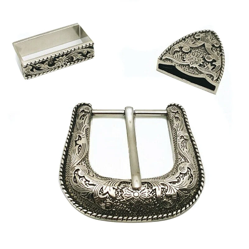 Western Retro Floral Engraved Antique Belt Buckle Set 3pcs Fits 38mm Belt Decor Metal Belt Head Belt Loop Belt Tail Accessories