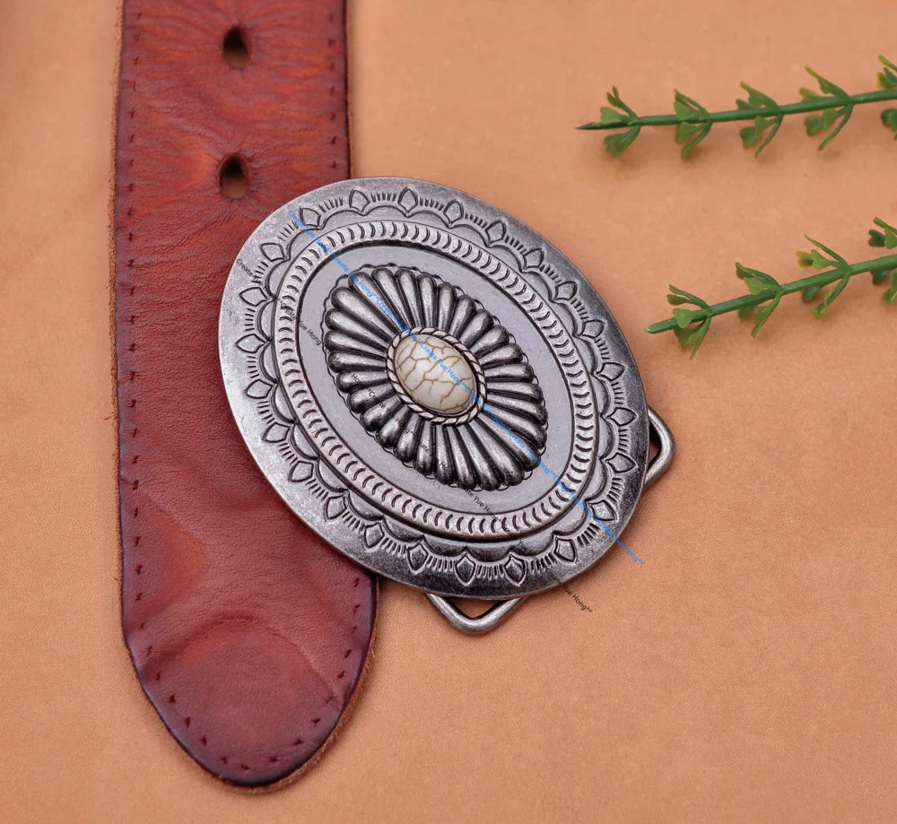 Vintage Silver America Southwest Tribal Traditional Floral Turquoise Men's Huge Leather Belt Buckle Fits 40MM Belt Strap