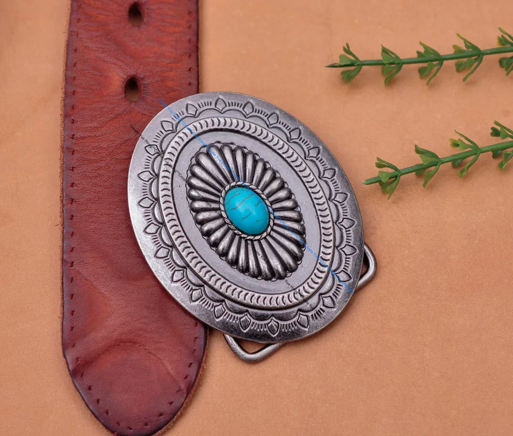 Vintage Silver America Southwest Tribal Traditional Floral Turquoise Men's Huge Leather Belt Buckle Fits 40MM Belt Strap