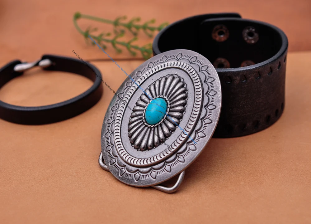 Vintage Silver America Southwest Tribal Traditional Floral Turquoise Men's Huge Leather Belt Buckle Fits 40MM Belt Strap