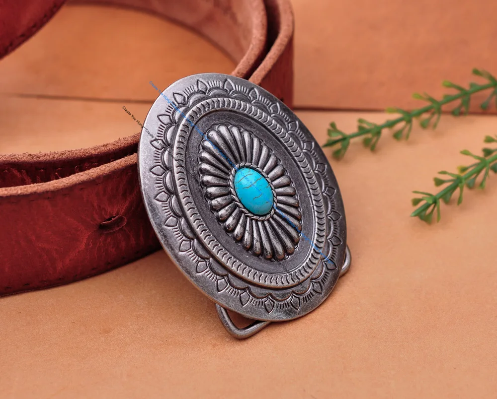 Vintage Silver America Southwest Tribal Traditional Floral Turquoise Men's Huge Leather Belt Buckle Fits 40MM Belt Strap