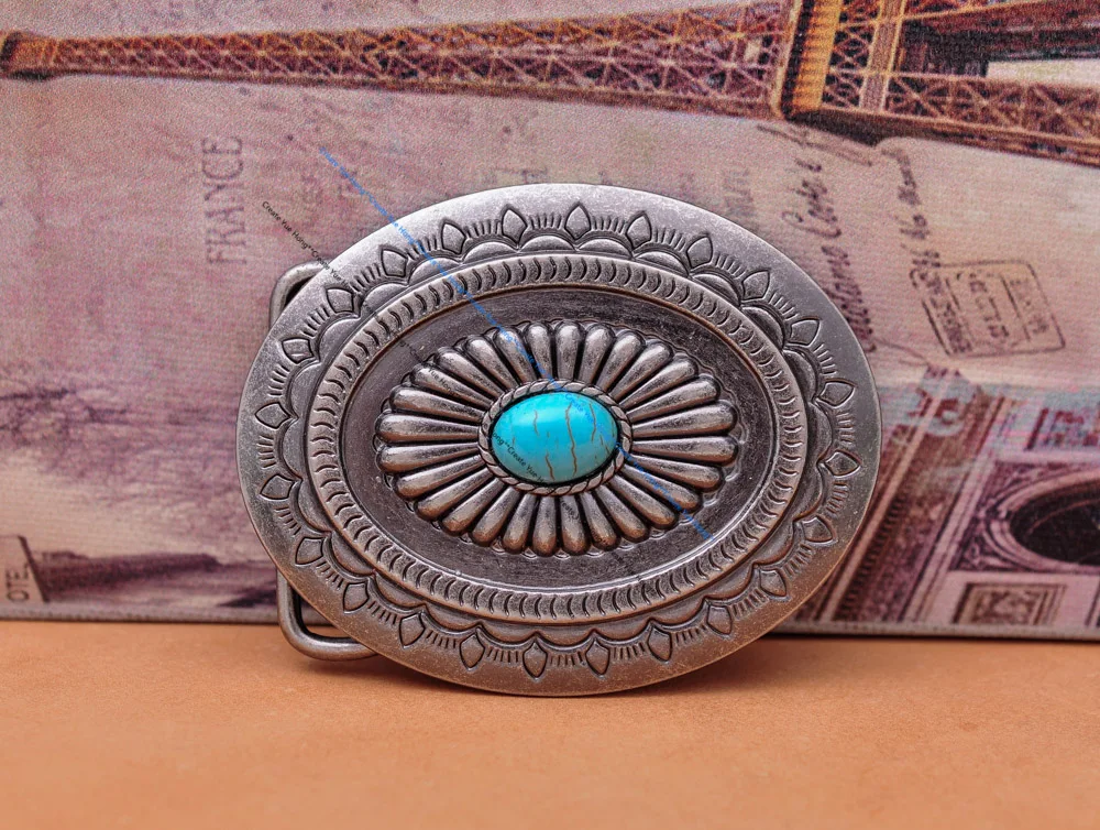 Vintage Silver America Southwest Tribal Traditional Floral Turquoise Men's Huge Leather Belt Buckle Fits 40MM Belt Strap