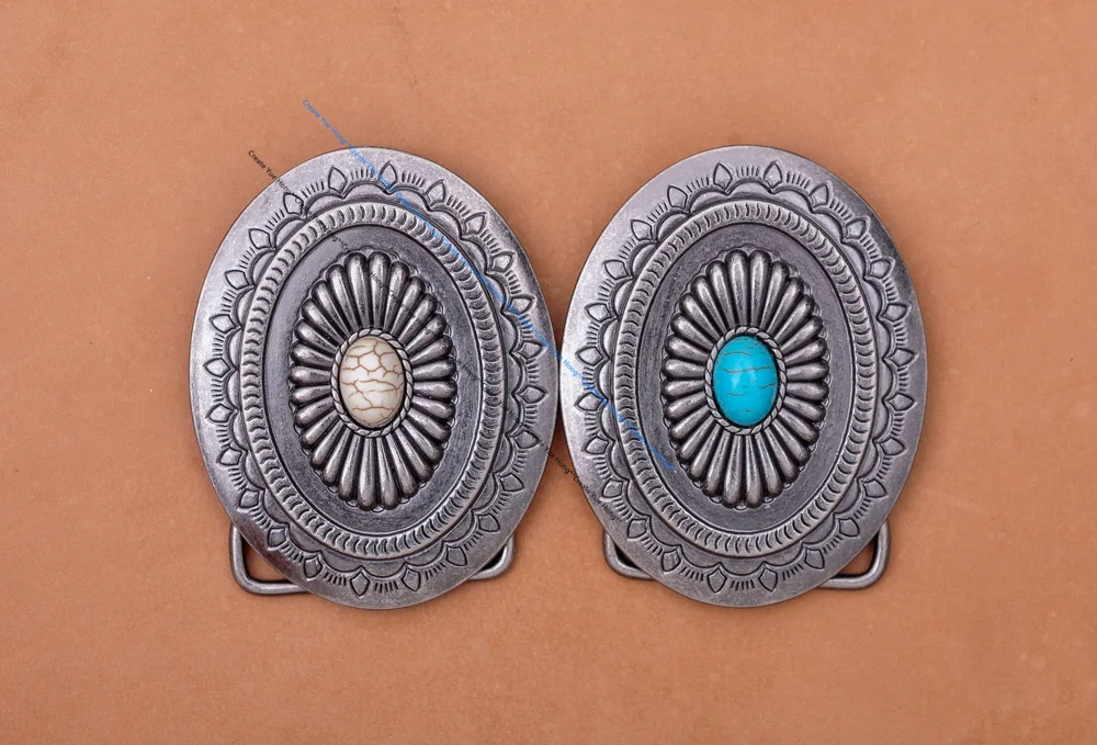 Vintage Silver America Southwest Tribal Traditional Floral Turquoise Men's Huge Leather Belt Buckle Fits 40MM Belt Strap