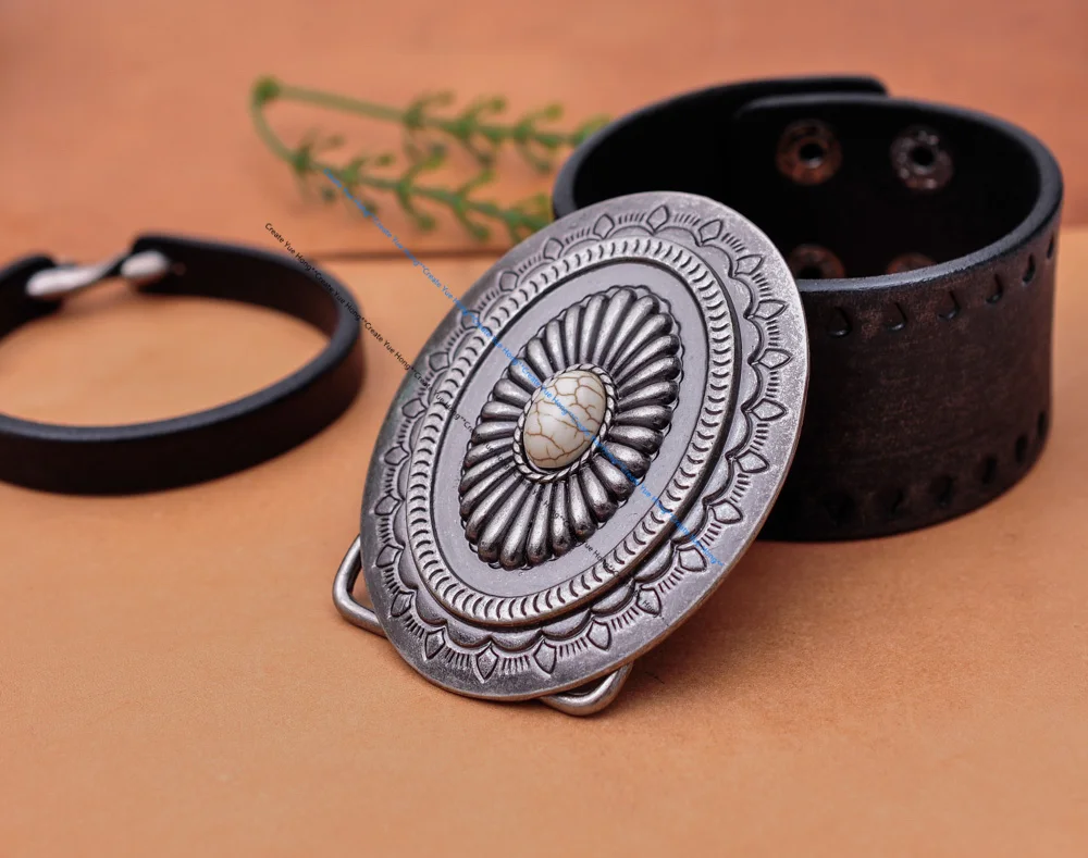 Vintage Silver America Southwest Tribal Traditional Floral Turquoise Men's Huge Leather Belt Buckle Fits 40MM Belt Strap