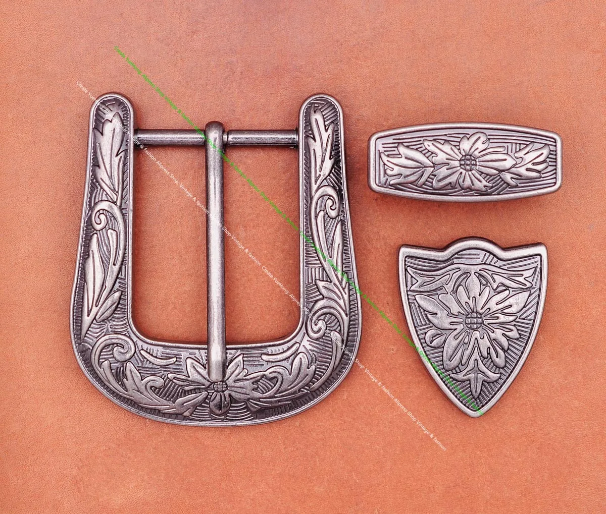 Huge Western Cowboy Cowgirl Rodeo 3PCS Set Silver Flower Embrossed DIY Leather Belt Buckle Replacement Fit 35mm Belt Strap