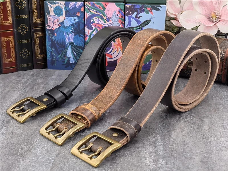 Belt Buckle 40mm Retro Brass Double Tongue Pin Belt Buckle For Men Belt DIY Accessories Leather Craft Man Belt Buckle BK0012