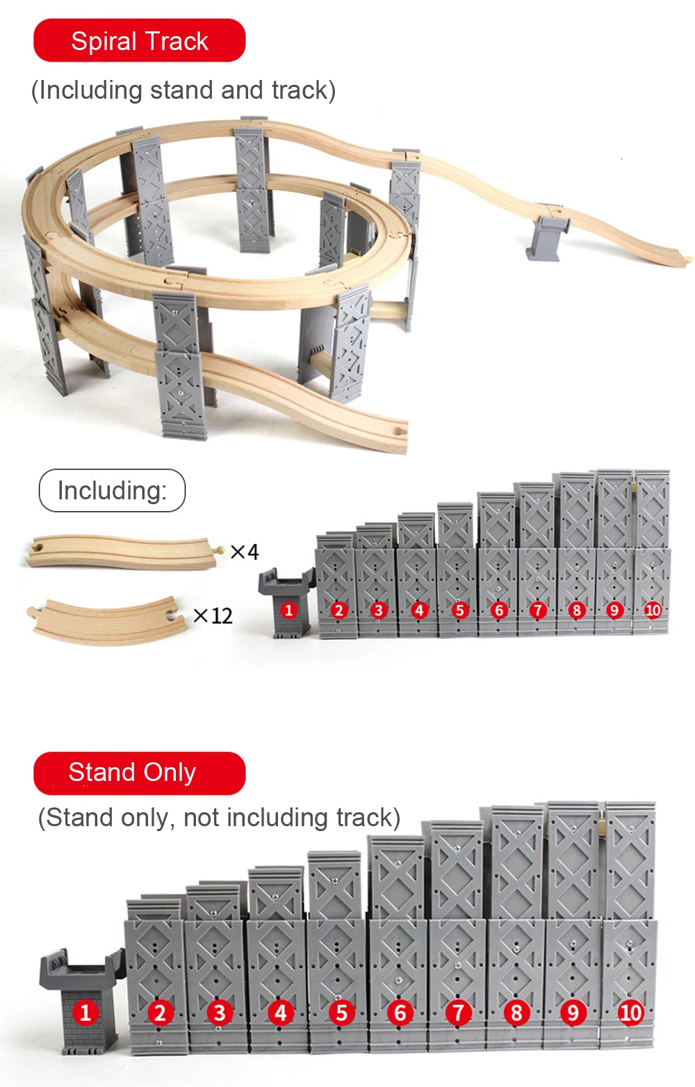 26pcs Wooden Train Tracks Accessories Wood Spiral Tracks with Plastic Bridge Piers Wood Track Toys for Children Gifts