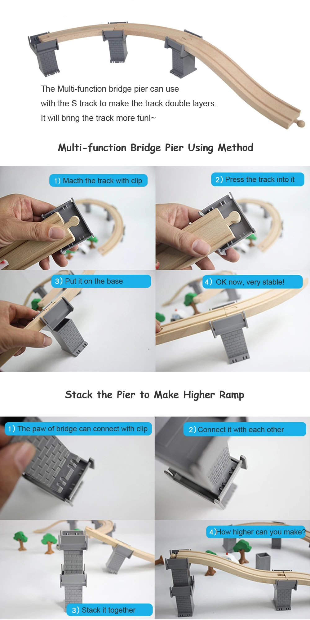 26pcs Wooden Train Tracks Accessories Wood Spiral Tracks with Plastic Bridge Piers Wood Track Toys for Children Gifts