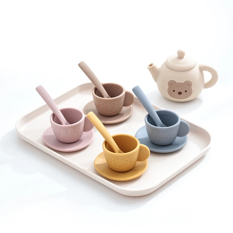 Kids Montessori Afternoon Tea Set Baby Teething Toy BPA Free Silicone Teapot and Teacups Role-Playing Kitchen Toy Baby Toy Gift