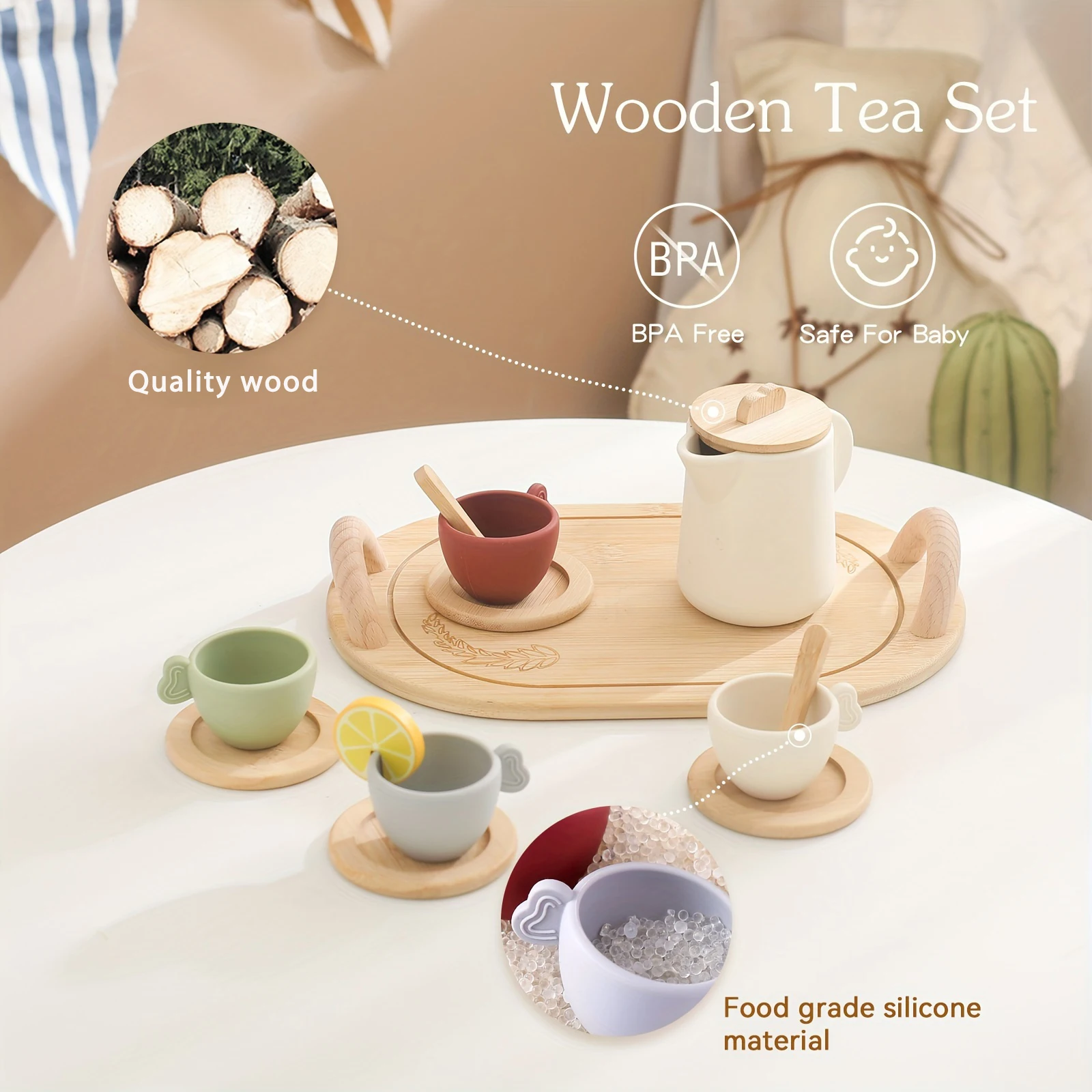 Kids Montessori Afternoon Tea Set Baby Teething Toy BPA Free Silicone Teapot and Teacups Role-Playing Kitchen Toy Baby Toy Gift