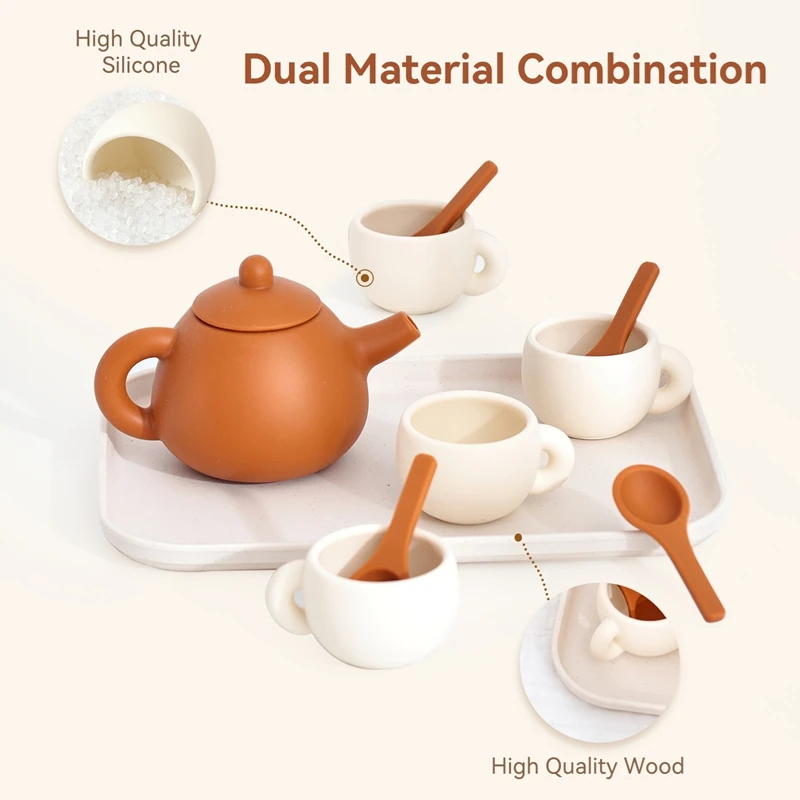 Kids Montessori Afternoon Tea Set Baby Teething Toy BPA Free Silicone Teapot and Teacups Role-Playing Kitchen Toy Baby Toy Gift
