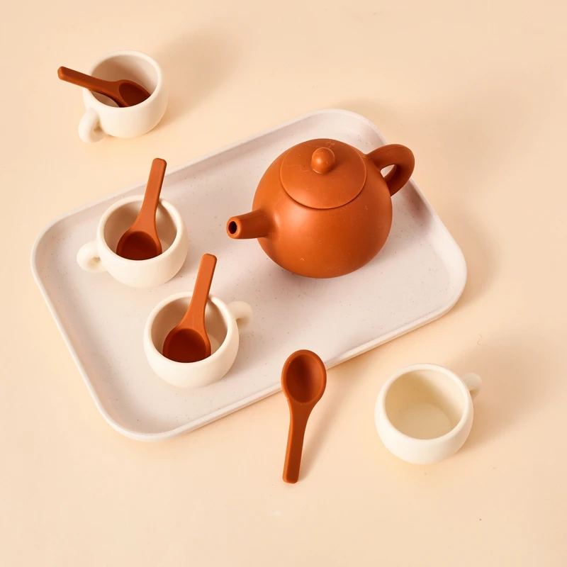 Kids Montessori Afternoon Tea Set Baby Teething Toy BPA Free Silicone Teapot and Teacups Role-Playing Kitchen Toy Baby Toy Gift