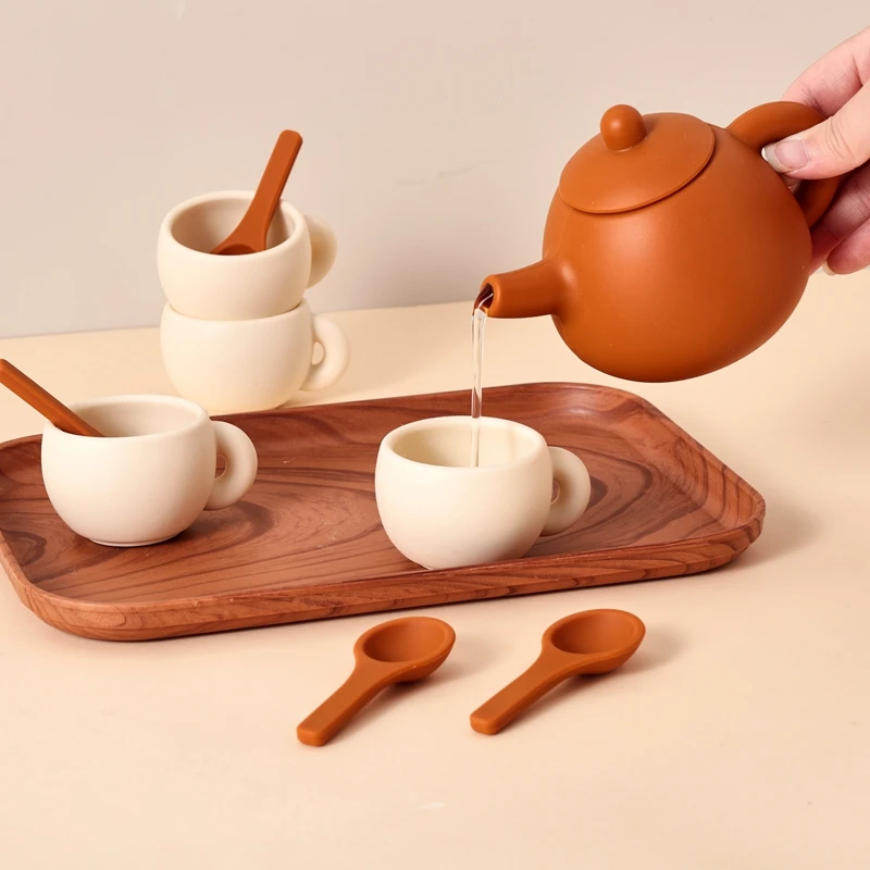 Kids Montessori Afternoon Tea Set Baby Teething Toy BPA Free Silicone Teapot and Teacups Role-Playing Kitchen Toy Baby Toy Gift