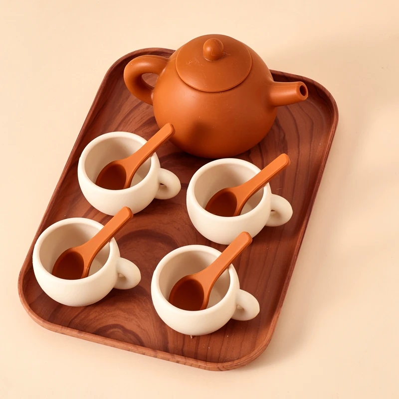Kids Montessori Afternoon Tea Set Baby Teething Toy BPA Free Silicone Teapot and Teacups Role-Playing Kitchen Toy Baby Toy Gift