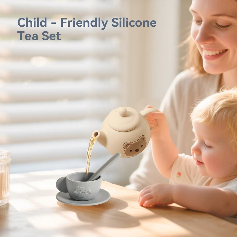 Kids Montessori Afternoon Tea Set Baby Teething Toy BPA Free Silicone Teapot and Teacups Role-Playing Kitchen Toy Baby Toy Gift