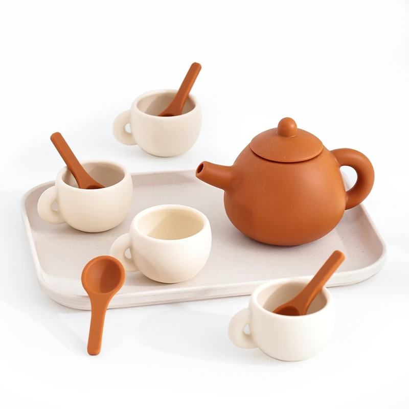 Kids Montessori Afternoon Tea Set Baby Teething Toy BPA Free Silicone Teapot and Teacups Role-Playing Kitchen Toy Baby Toy Gift