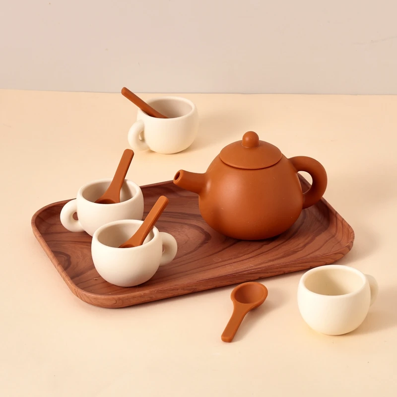 Kids Montessori Afternoon Tea Set Baby Teething Toy BPA Free Silicone Teapot and Teacups Role-Playing Kitchen Toy Baby Toy Gift