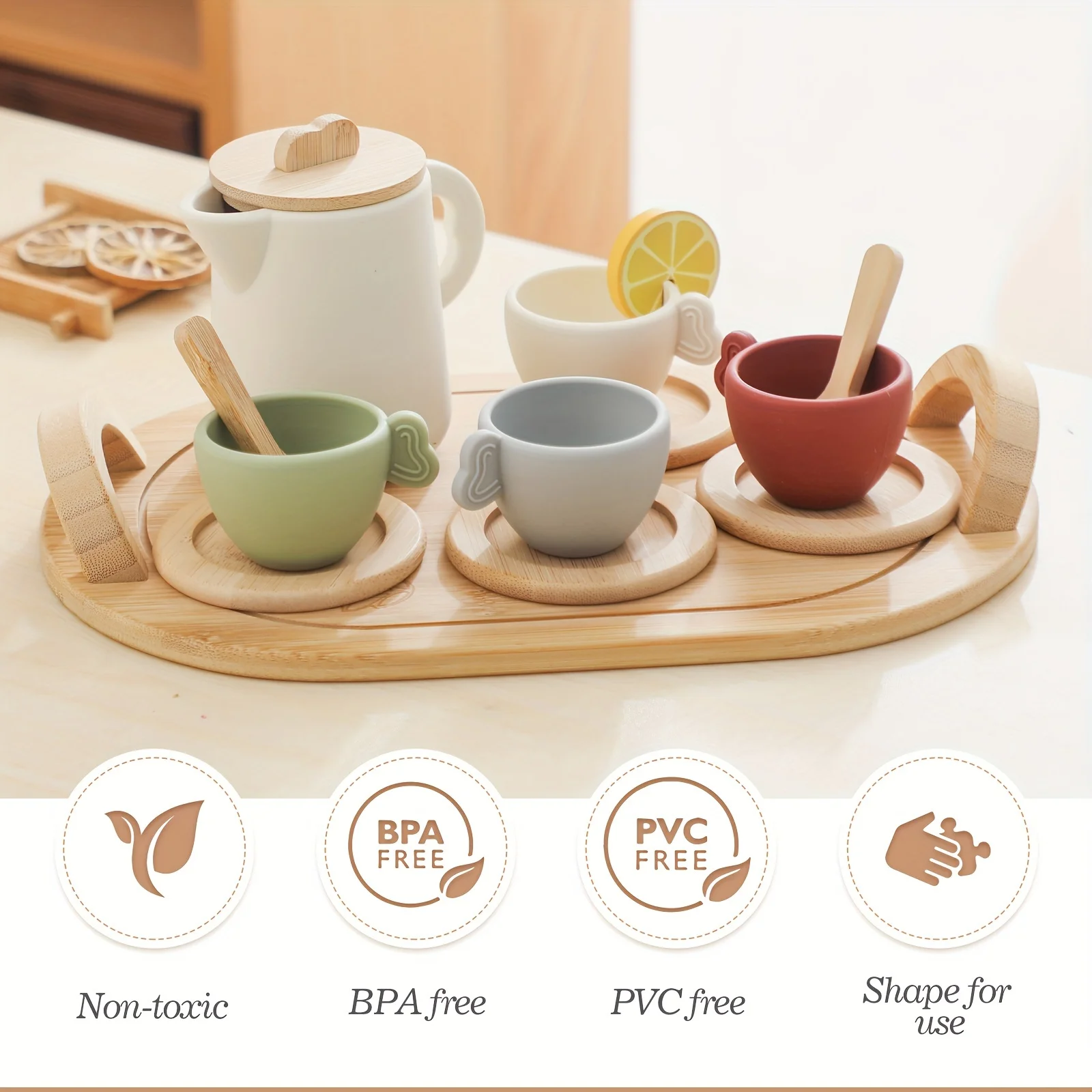 Kids Montessori Afternoon Tea Set Baby Teething Toy BPA Free Silicone Teapot and Teacups Role-Playing Kitchen Toy Baby Toy Gift