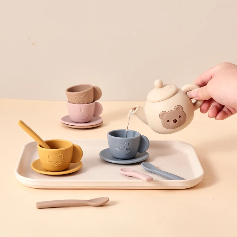 Kids Montessori Afternoon Tea Set Baby Teething Toy BPA Free Silicone Teapot and Teacups Role-Playing Kitchen Toy Baby Toy Gift