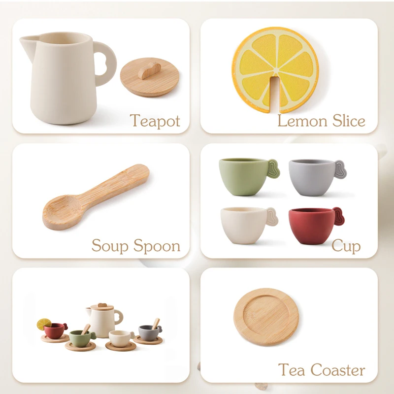 Kids Montessori Afternoon Tea Set Baby Teething Toy BPA Free Silicone Teapot and Teacups Role-Playing Kitchen Toy Baby Toy Gift