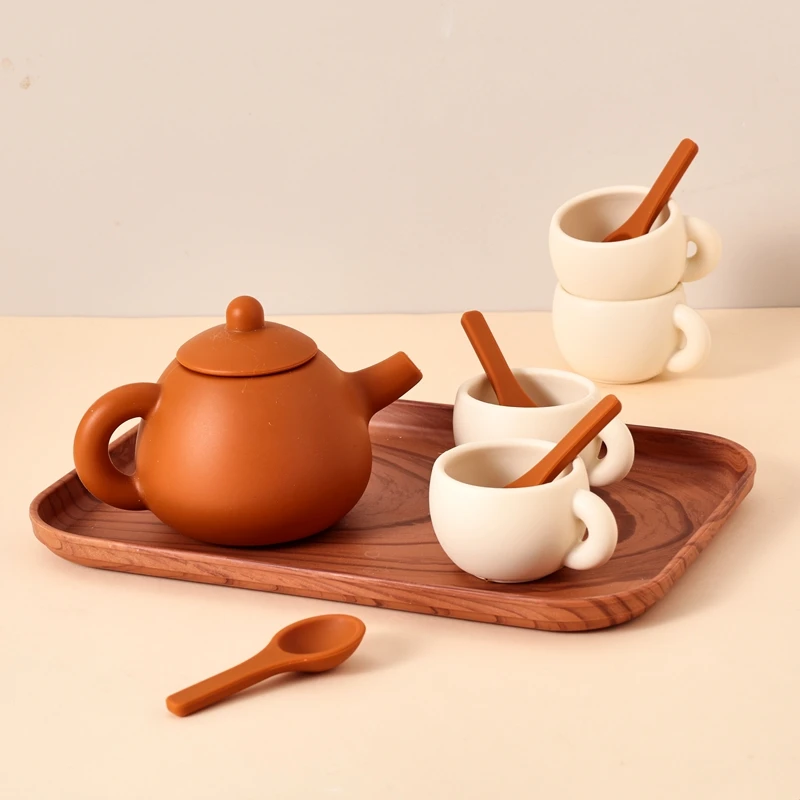 Kids Montessori Afternoon Tea Set Baby Teething Toy BPA Free Silicone Teapot and Teacups Role-Playing Kitchen Toy Baby Toy Gift