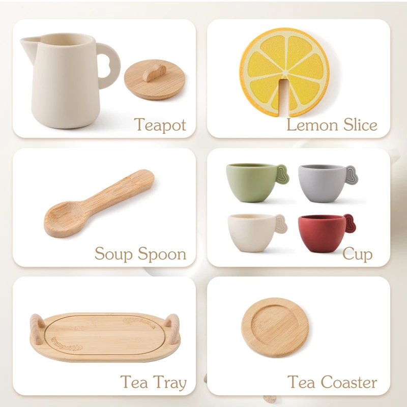 Kids Montessori Afternoon Tea Set Baby Teething Toy BPA Free Silicone Teapot and Teacups Role-Playing Kitchen Toy Baby Toy Gift