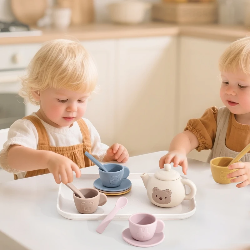 Kids Montessori Afternoon Tea Set Baby Teething Toy BPA Free Silicone Teapot and Teacups Role-Playing Kitchen Toy Baby Toy Gift