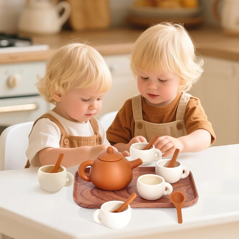 Kids Montessori Afternoon Tea Set Baby Teething Toy BPA Free Silicone Teapot and Teacups Role-Playing Kitchen Toy Baby Toy Gift