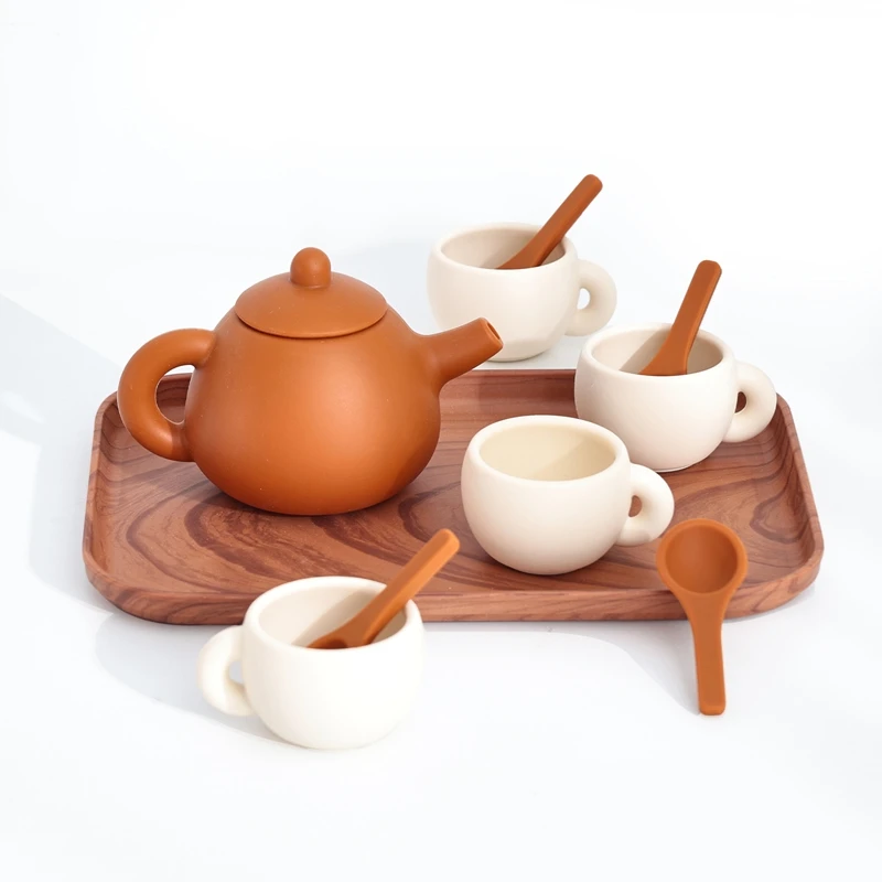 Kids Montessori Afternoon Tea Set Baby Teething Toy BPA Free Silicone Teapot and Teacups Role-Playing Kitchen Toy Baby Toy Gift