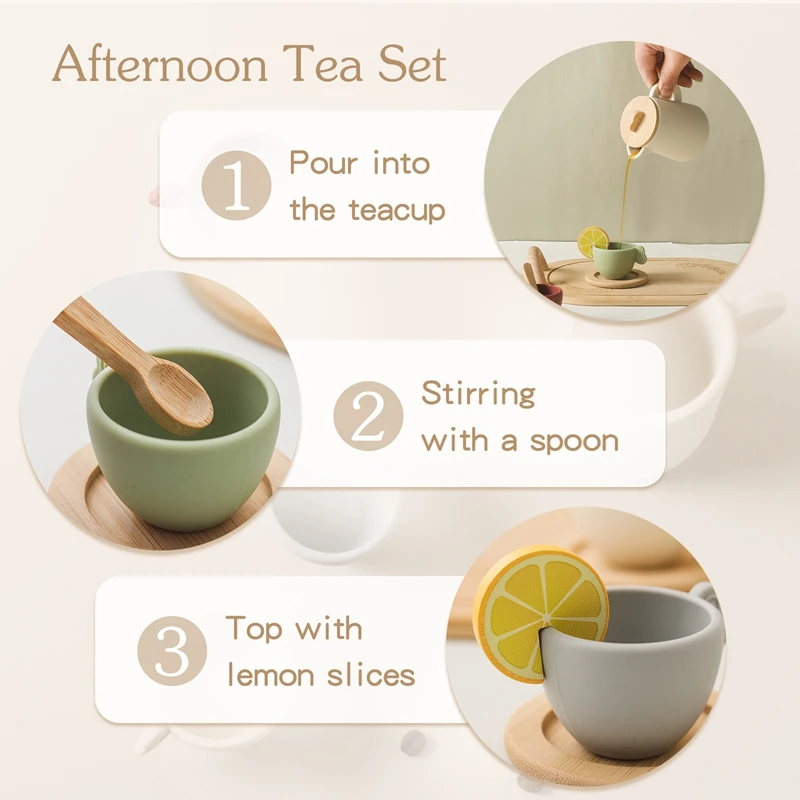 Kids Montessori Afternoon Tea Set Baby Teething Toy BPA Free Silicone Teapot and Teacups Role-Playing Kitchen Toy Baby Toy Gift
