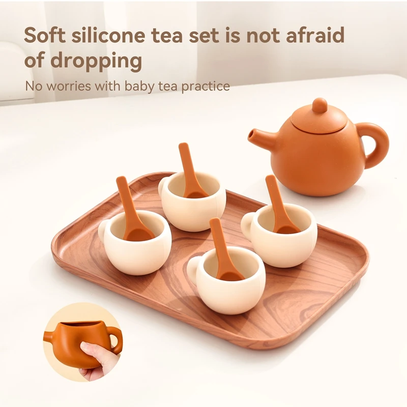 Kids Montessori Afternoon Tea Set Baby Teething Toy BPA Free Silicone Teapot and Teacups Role-Playing Kitchen Toy Baby Toy Gift