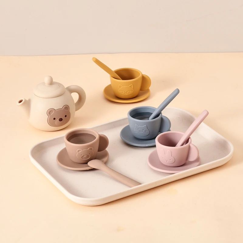 Kids Montessori Afternoon Tea Set Baby Teething Toy BPA Free Silicone Teapot and Teacups Role-Playing Kitchen Toy Baby Toy Gift