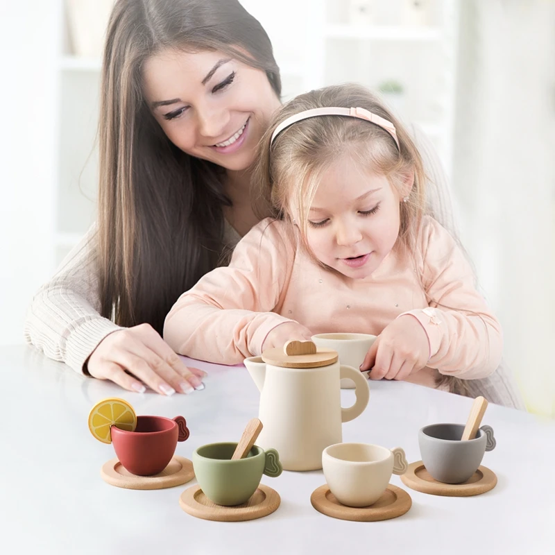 Kids Montessori Afternoon Tea Set Baby Teething Toy BPA Free Silicone Teapot and Teacups Role-Playing Kitchen Toy Baby Toy Gift