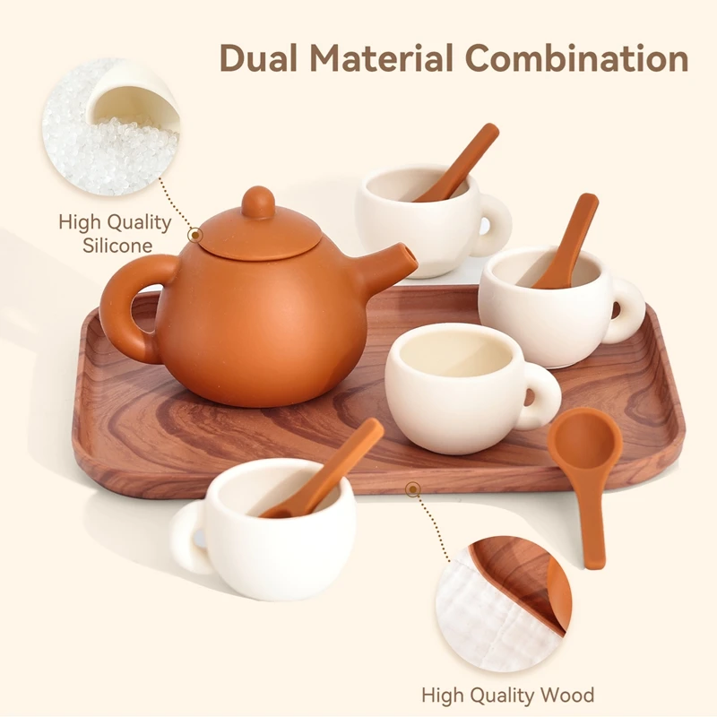 Kids Montessori Afternoon Tea Set Baby Teething Toy BPA Free Silicone Teapot and Teacups Role-Playing Kitchen Toy Baby Toy Gift