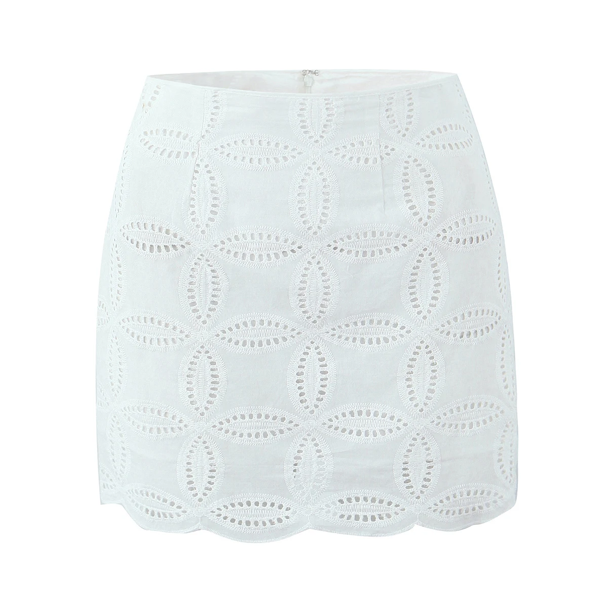 2 Pieces 1 Set 2025 Sexy Women White Embroidery Hole Loose Short Sleeve Shirt Back Zipper High Waist Package Hips Mini Skirts