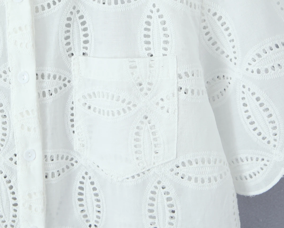 2 Pieces 1 Set 2025 Sexy Women White Embroidery Hole Loose Short Sleeve Shirt Back Zipper High Waist Package Hips Mini Skirts
