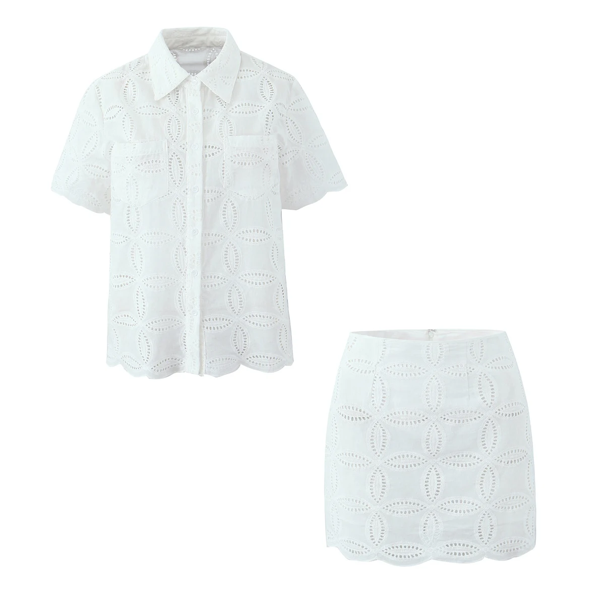 2 Pieces 1 Set 2025 Sexy Women White Embroidery Hole Loose Short Sleeve Shirt Back Zipper High Waist Package Hips Mini Skirts