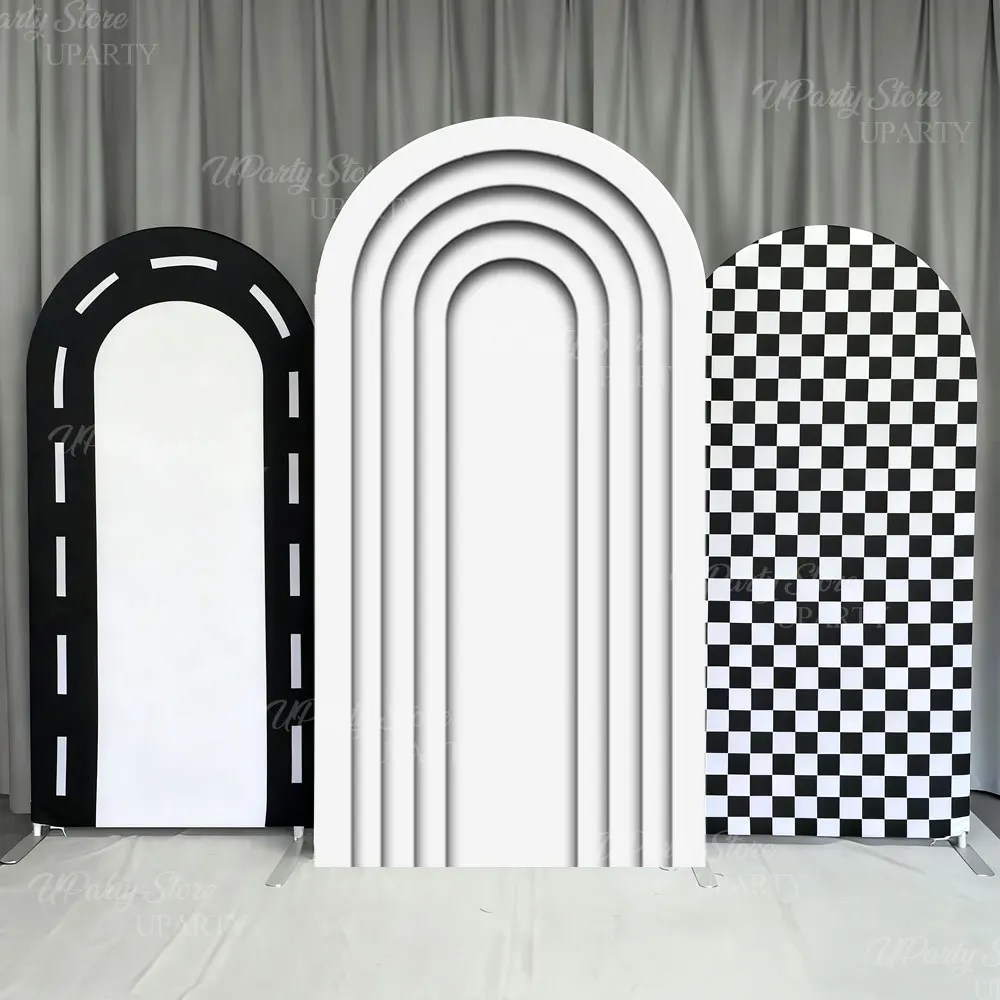 Race Car Party Backdrop Decorations Spandex Black White Checkered Racing Track Stand Arch Cover for Birthday Two Fast One Decor
