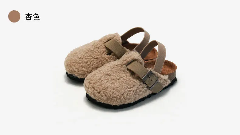 Child Baby Boys Girls Warm Fuzzy Slipper Plush Sandals Cork Faux Fur Flats Toddler Prewalker Slipper Elastic Back Strap