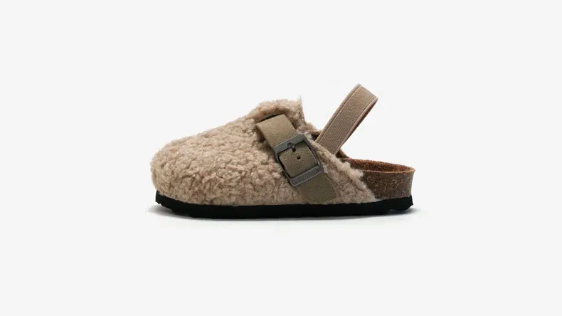 Child Baby Boys Girls Warm Fuzzy Slipper Plush Sandals Cork Faux Fur Flats Toddler Prewalker Slipper Elastic Back Strap