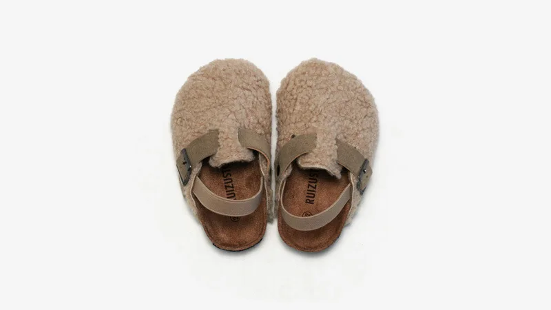 Child Baby Boys Girls Warm Fuzzy Slipper Plush Sandals Cork Faux Fur Flats Toddler Prewalker Slipper Elastic Back Strap