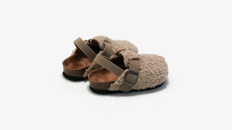 Child Baby Boys Girls Warm Fuzzy Slipper Plush Sandals Cork Faux Fur Flats Toddler Prewalker Slipper Elastic Back Strap