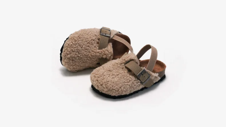 Child Baby Boys Girls Warm Fuzzy Slipper Plush Sandals Cork Faux Fur Flats Toddler Prewalker Slipper Elastic Back Strap